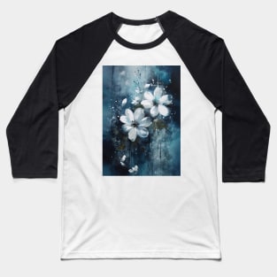 Luminous Petals: White Flowers and Blue Hues Baseball T-Shirt